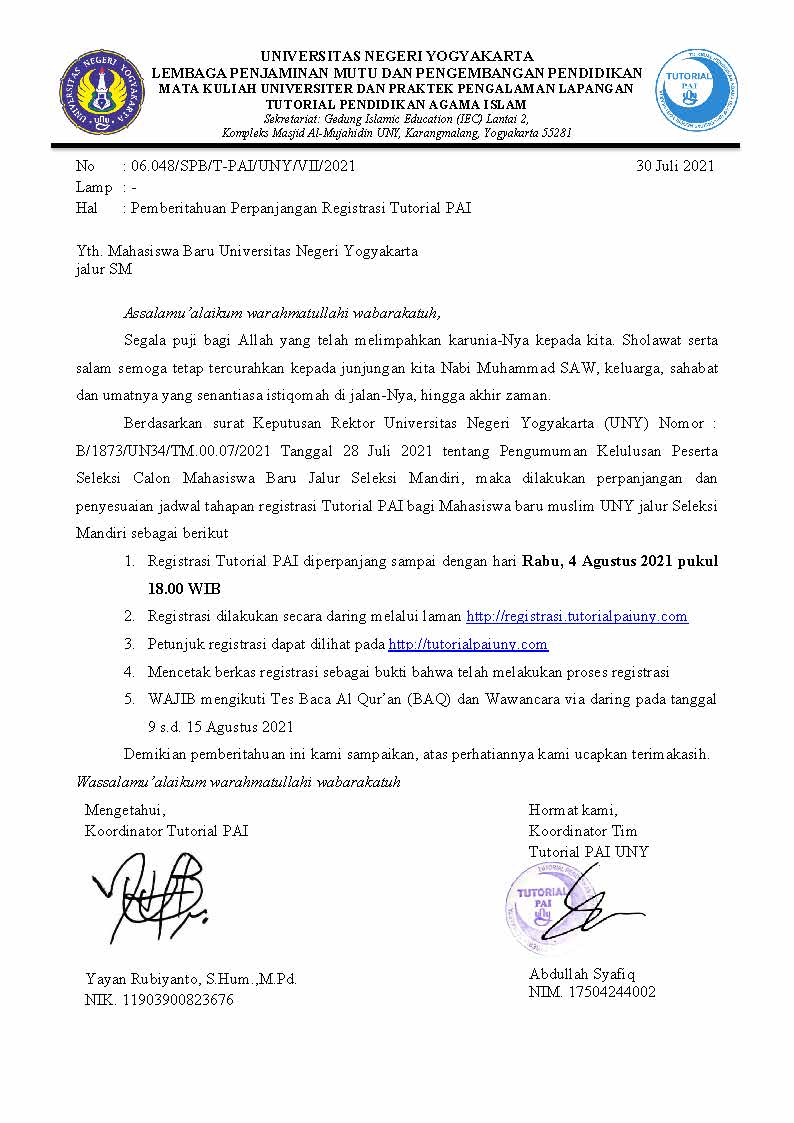 [UPDATE] REGISTRASI TUTORIAL PAI BAGI MAHASISWA BARU JALUR SELEKSI MANDIRI