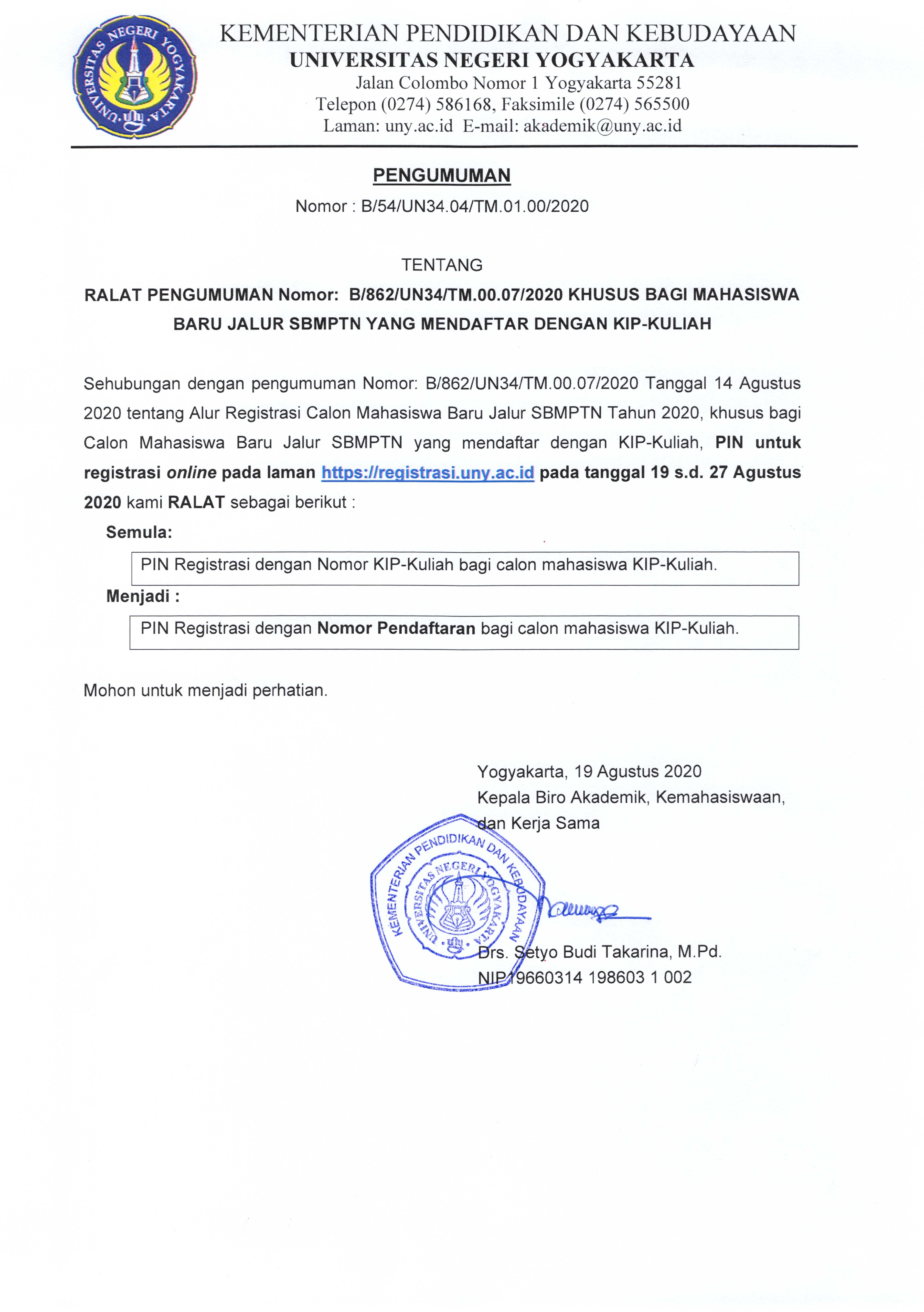 [UPDATE] PENGUMUMAN BAGI CALON MAHASISWA BARU JALUR SBMPTN 2020