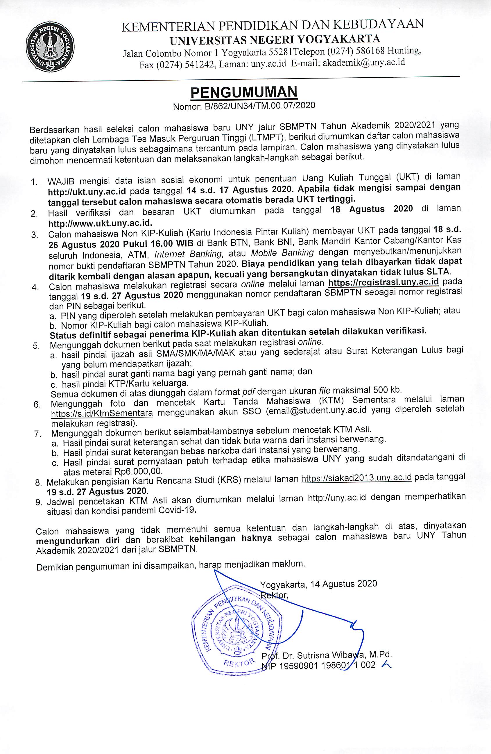 [UPDATE] PENGUMUMAN BAGI CALON MAHASISWA BARU JALUR SBMPTN 2020