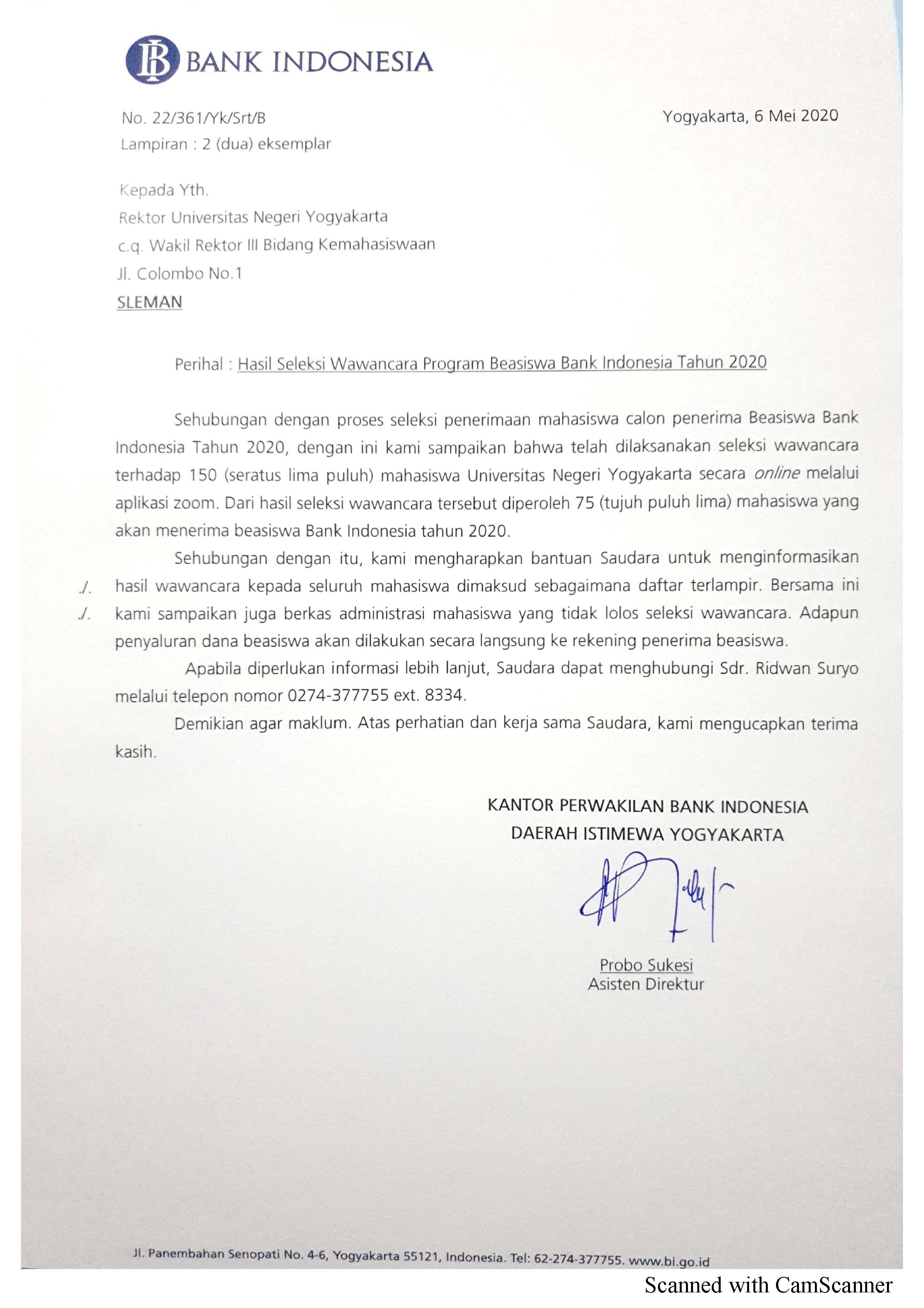 HASIL SELEKSI WAWANCARA PROGRAM BEASISWA BANK INDONESIA TAHUN 2020