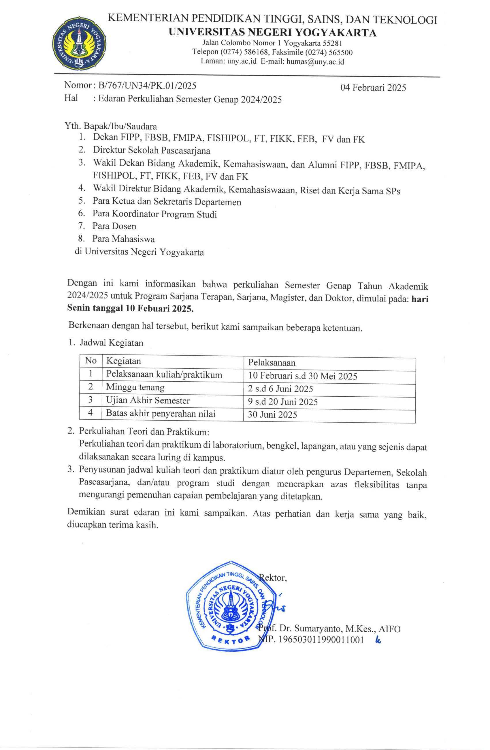 Edaran Perkuliahan Semester Genap 2024-2025