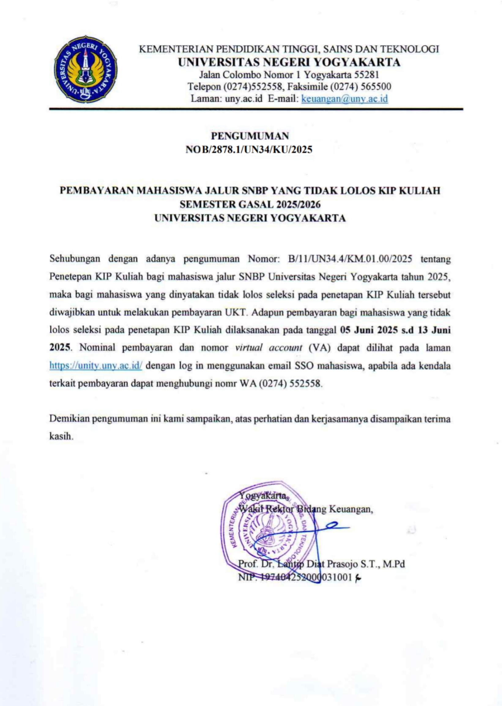Pembayaran SNBP tidak lolos KIP Kuliah