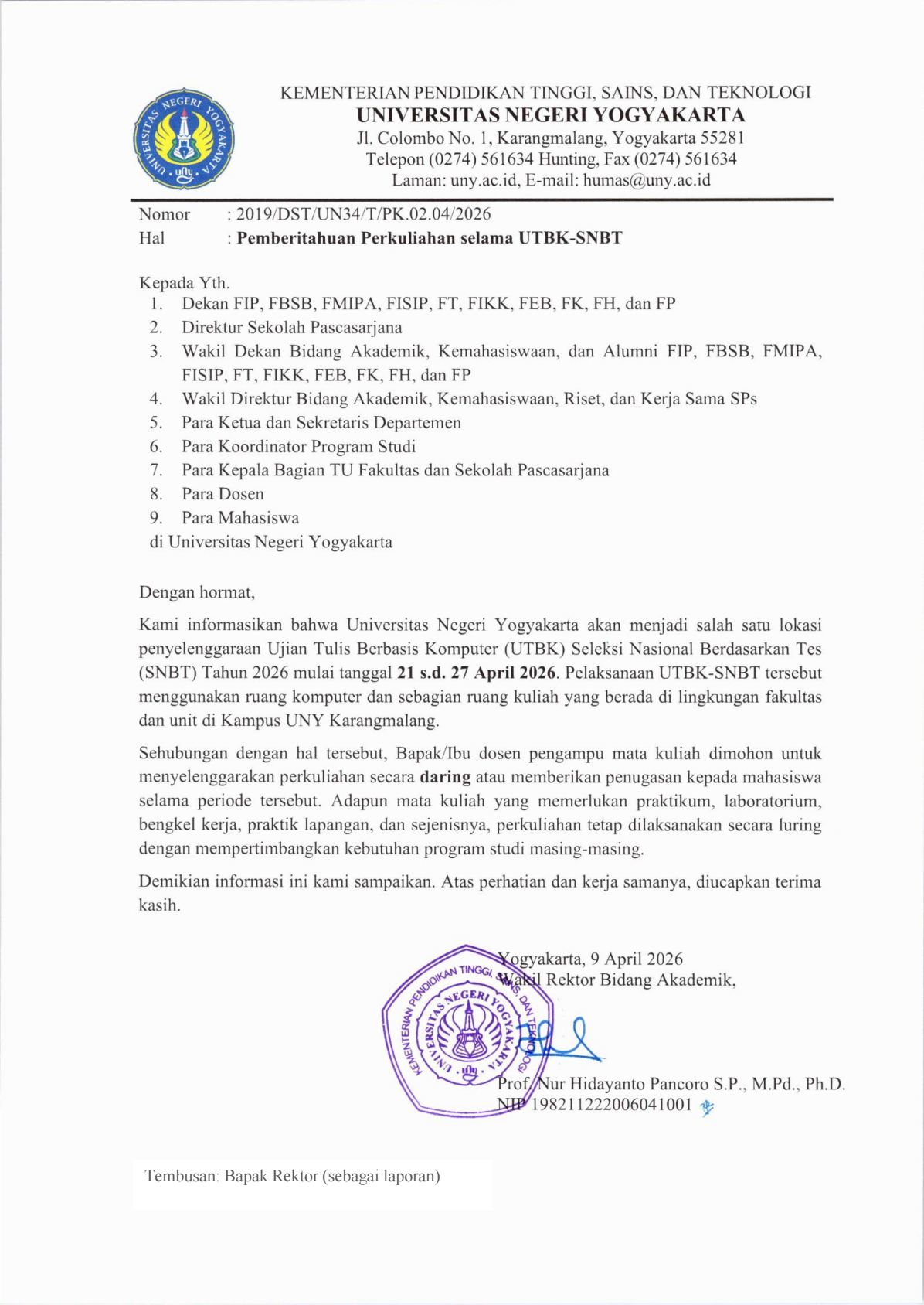 Gambar berisi pengumuman perkuliahan secara blended pada saat pelaksanaan UTBK-SNBT 21—27 April 2026