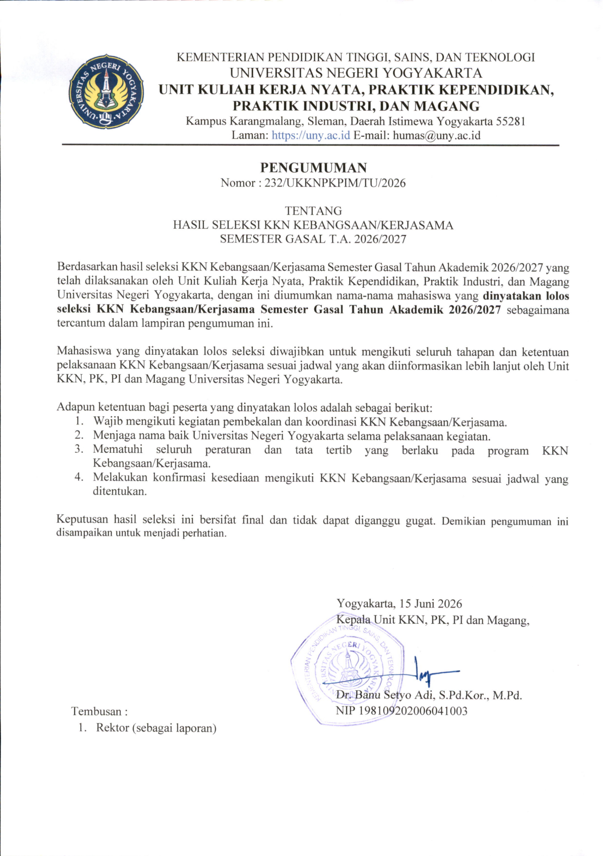 Hasil seleksi KKN