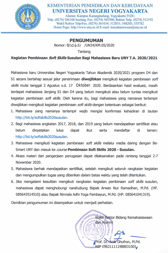 PEMBINAAN SOFT SKILLS SUSULAN BAGI MAHASISWA BARU UNY T.A. 2020/2021