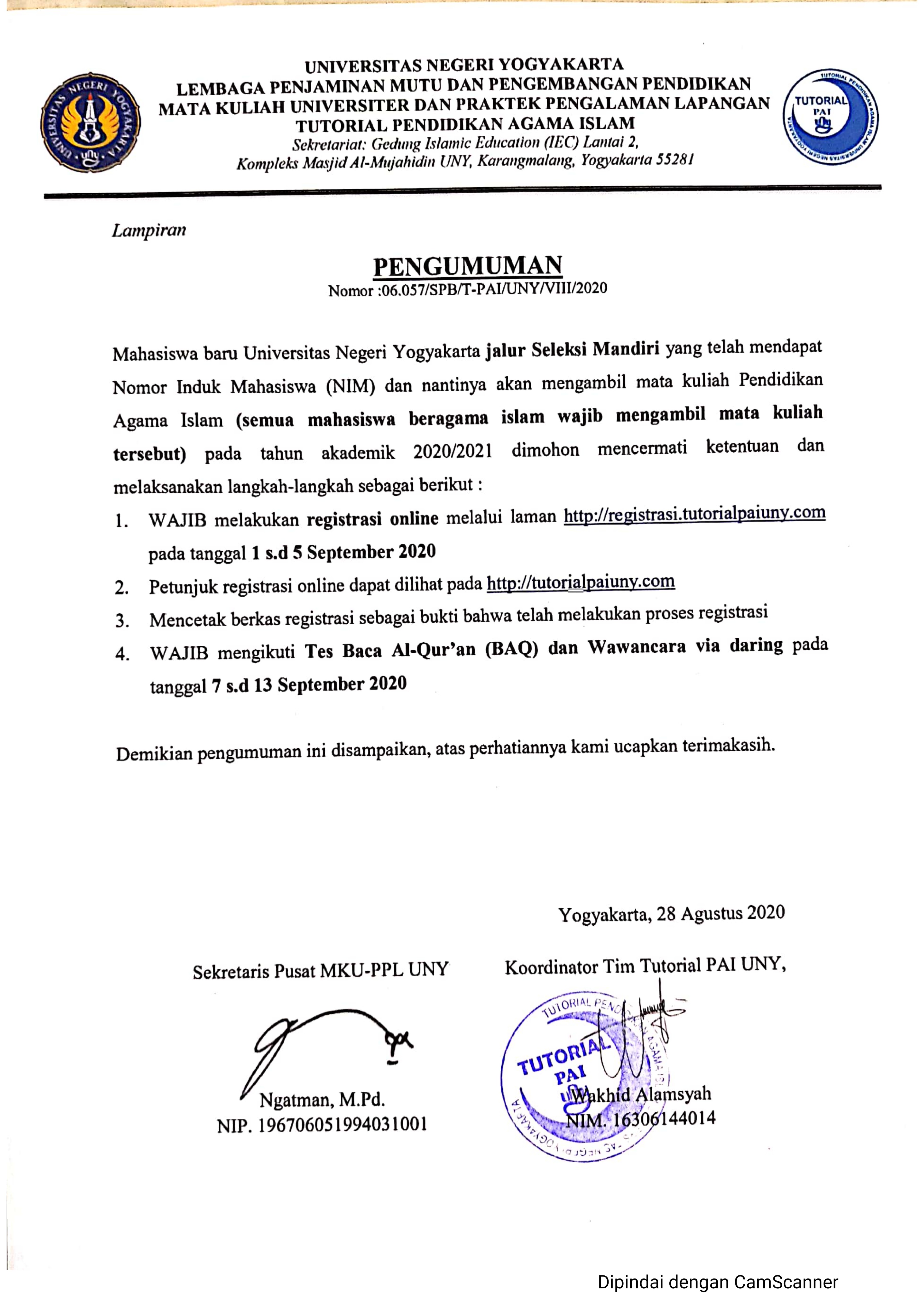 PENDAFTARAN TUTORIAL PENDIDIKAN AGAMA ISLAM BAGI MAHASISWA BARU JALUR SELEKSI MANDIRI 2020