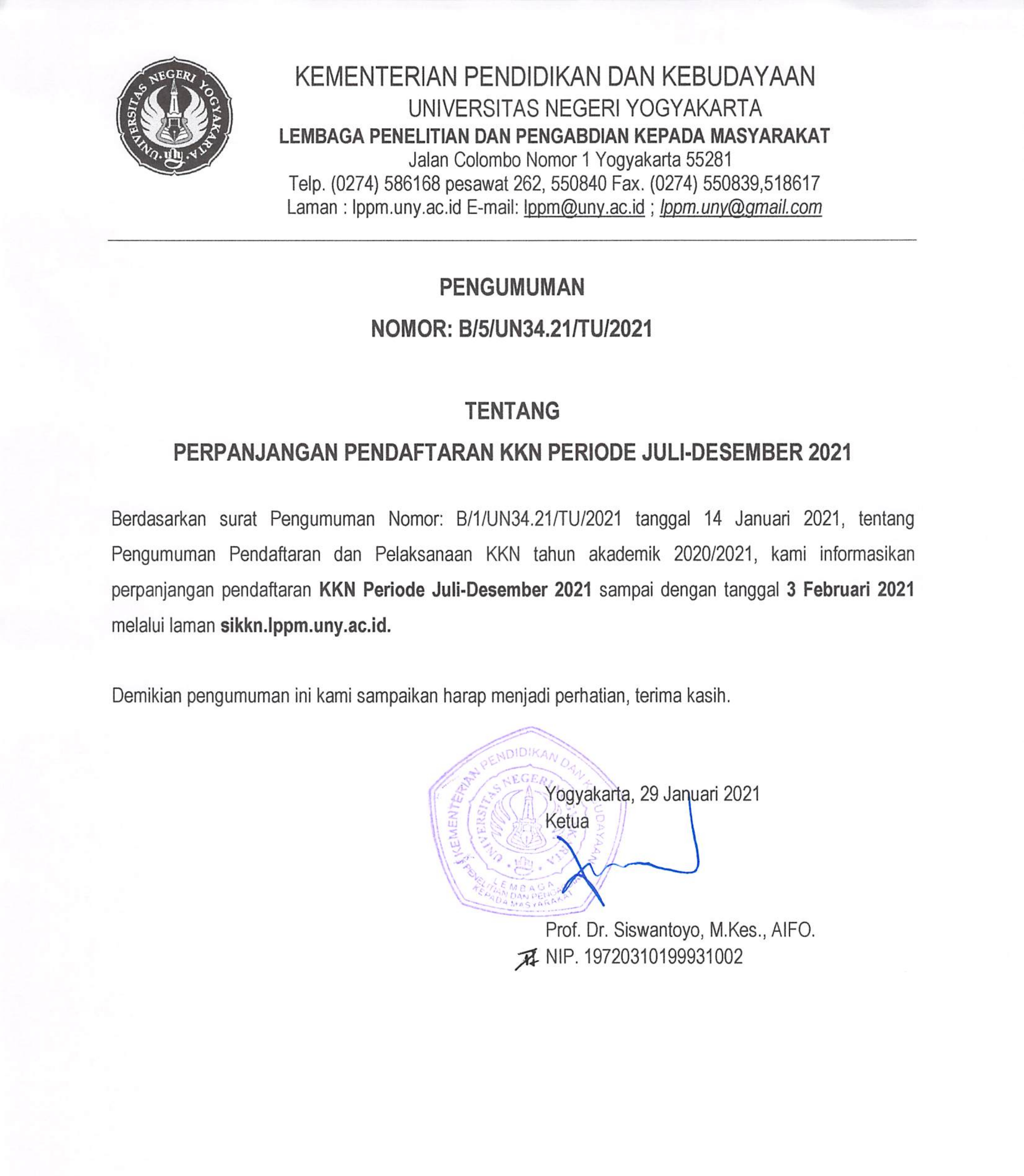 PENGUMUMAN B/5/UN34.21/TU/2021 TENTANG PERPANJANGAN PENDAFTARAN KKN PERIODE JULI-DESEMBER 2021