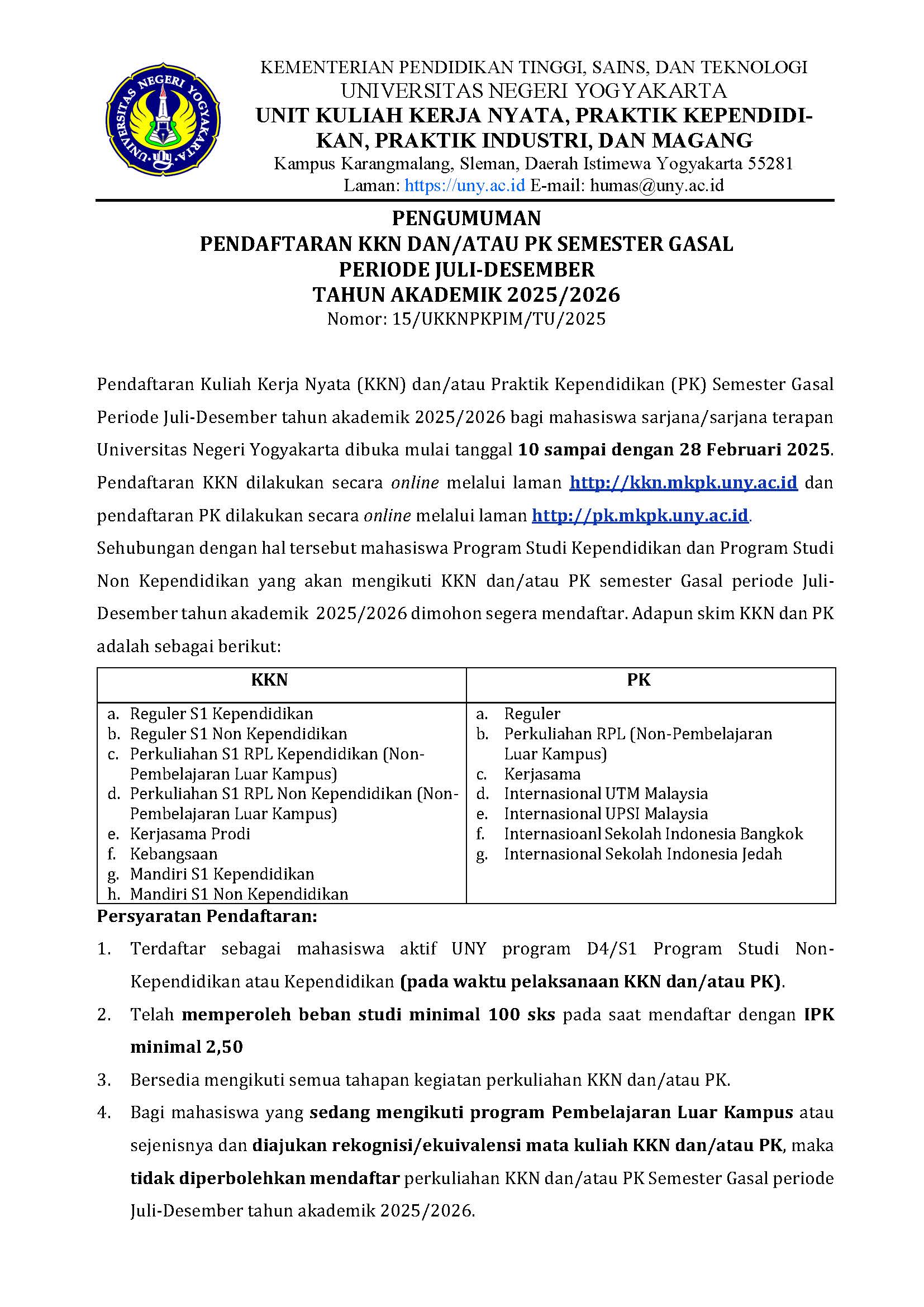 Pendaftaran KKN PK Gasal 2025-2026