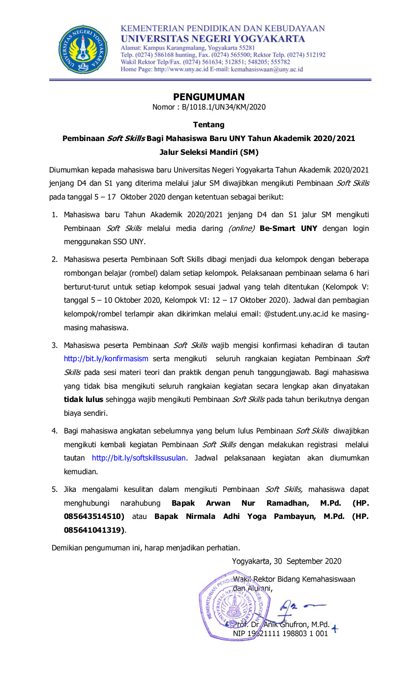 PEMBINAAN SOFT SKILLS MAHASISWA BARU TA 2020/2021 JALUR SELEKSI MANDIRI (SM)