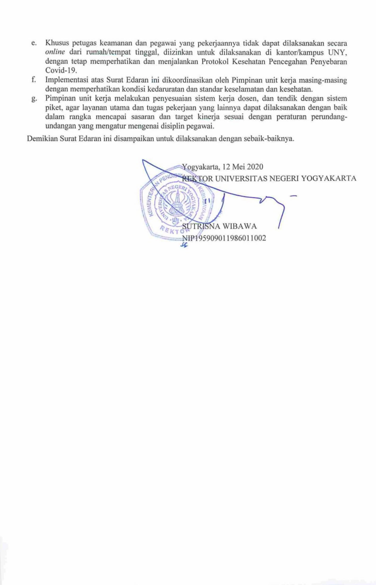 SURAT EDARAN NO 15/SE/2020 tentang Perpanjangan Masa Pembatasan Kegiatan di Kampus untuk Pencegahan Penyebaran Corona Virus Disease 2019 (Covid-19) di Universitas Negeri Yogyakarta