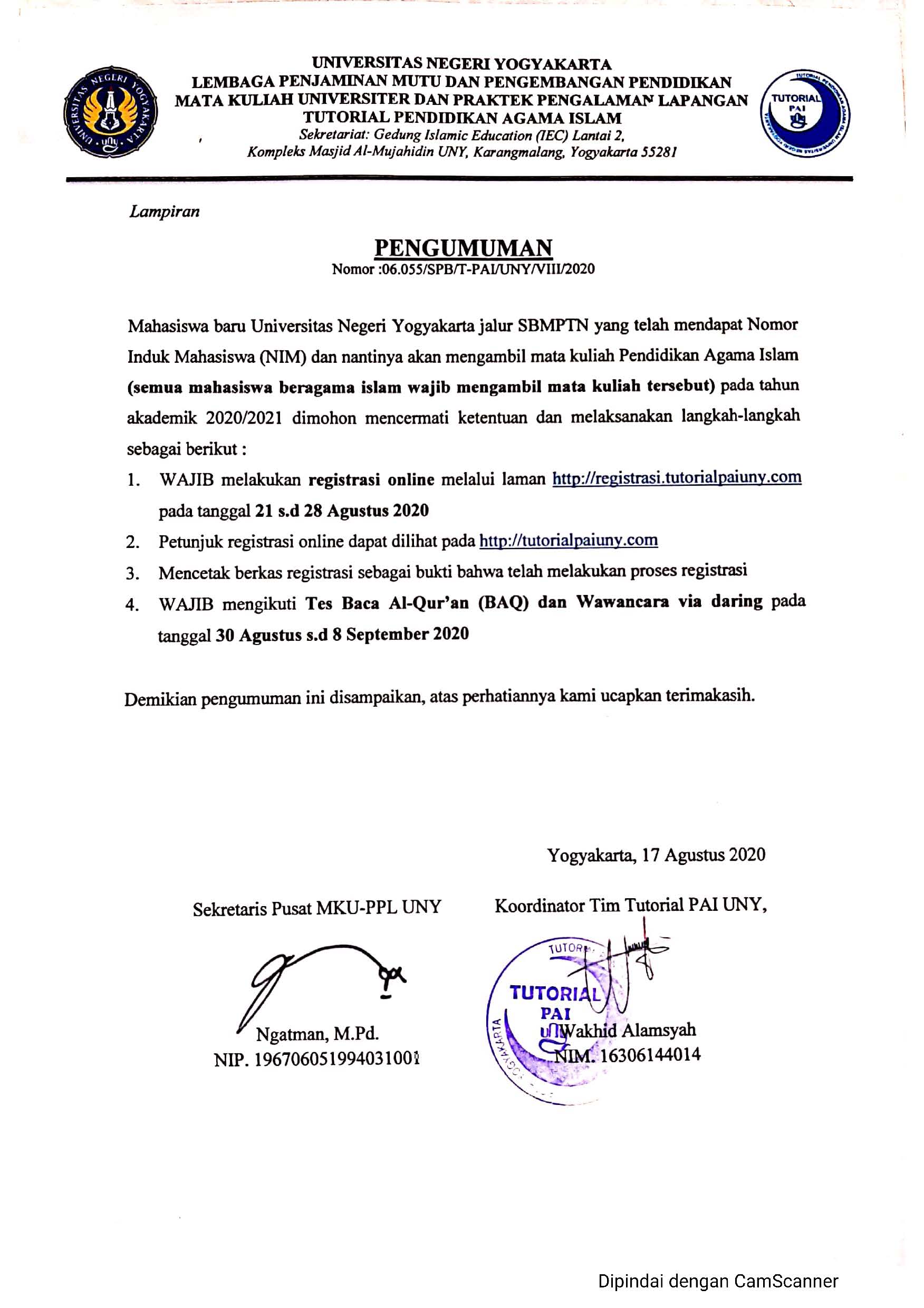 PENDAFTARAN TUTORIAL PENDIDIKAN AGAMA ISLAM BAGI MAHASISWA BARU JALUR SBMPTN 2020