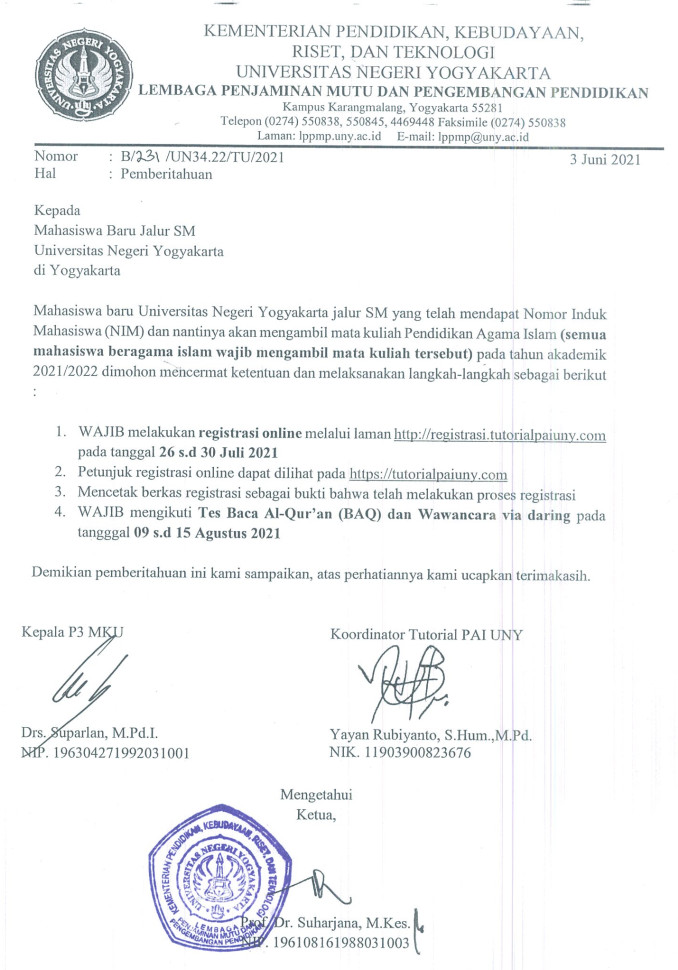 [UPDATE] REGISTRASI TUTORIAL PAI BAGI MAHASISWA BARU JALUR SELEKSI MANDIRI